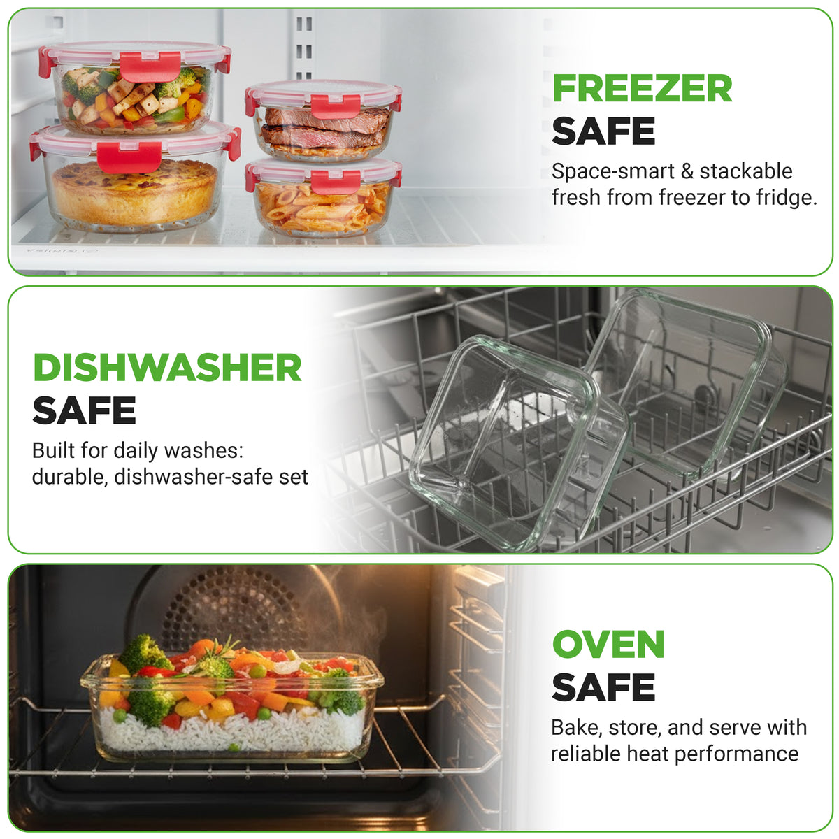 Three-panel promotional graphic showing clear glass meal-prep containers with red lids in freezer, dishwasher, and oven use scenarios, with green text labels on a white background.