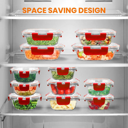 24-Piece Superior Glass Food Storage Containers Set - Stackable Design With Newly Innovated Hinged Bpa-Free Locking Lids (Red)