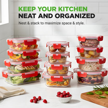 Set of food storage containers with red lids on a kitchen counter.