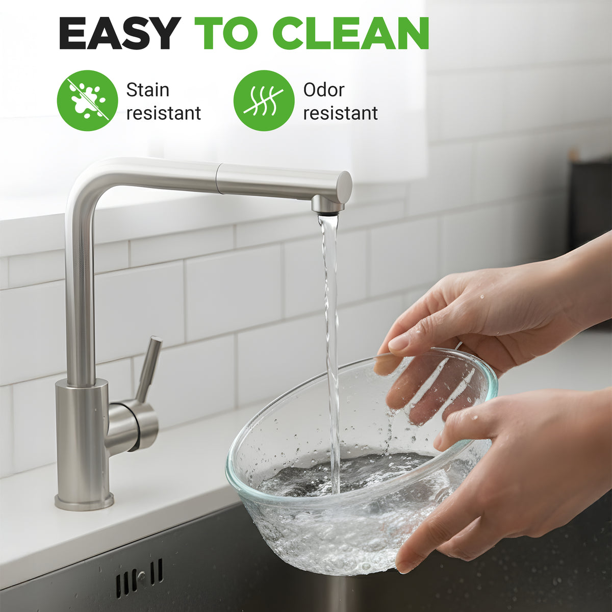 Person washing a glass bowl under running water from a modern kitchen faucet, with 'Easy to Clean' features highlighted.