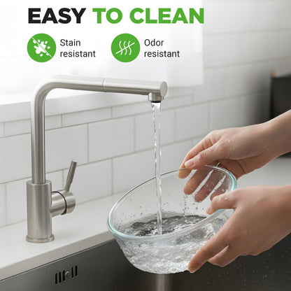 Person washing a glass bowl under running water from a modern kitchen faucet, with 'Easy to Clean' features highlighted.