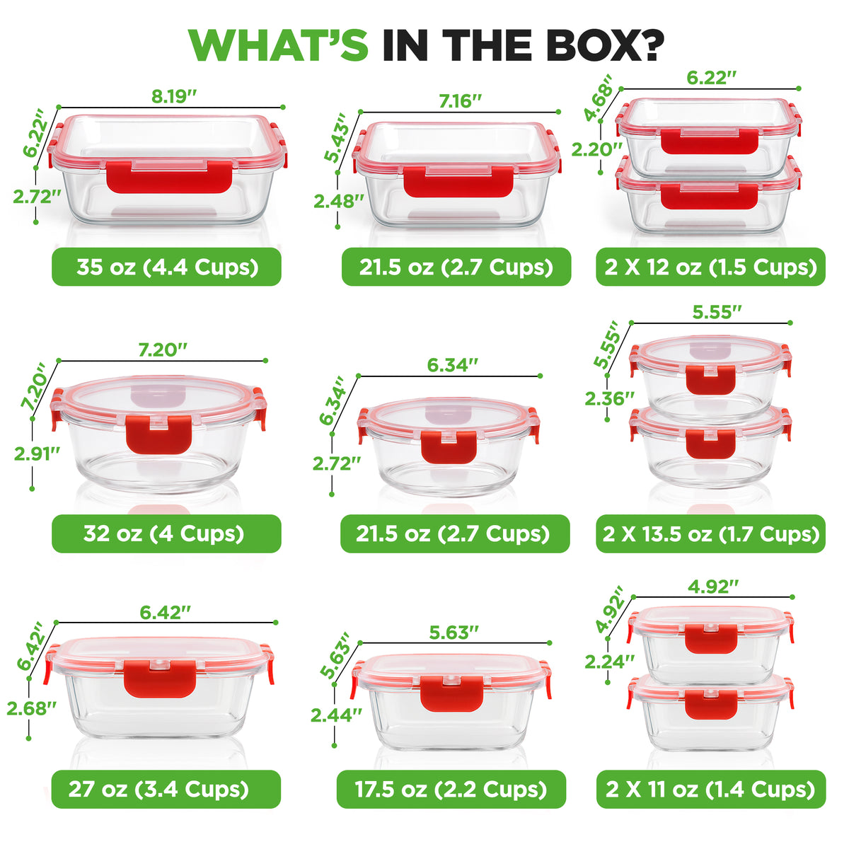 A product information graphic titled 'WHAT'S IN THE BOX?' showing multiple clear plastic storage containers with red lids and green size/capacity labels on a white background.