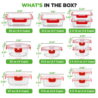 A product information graphic titled 'WHAT'S IN THE BOX?' showing multiple clear plastic storage containers with red lids and green size/capacity labels on a white background.