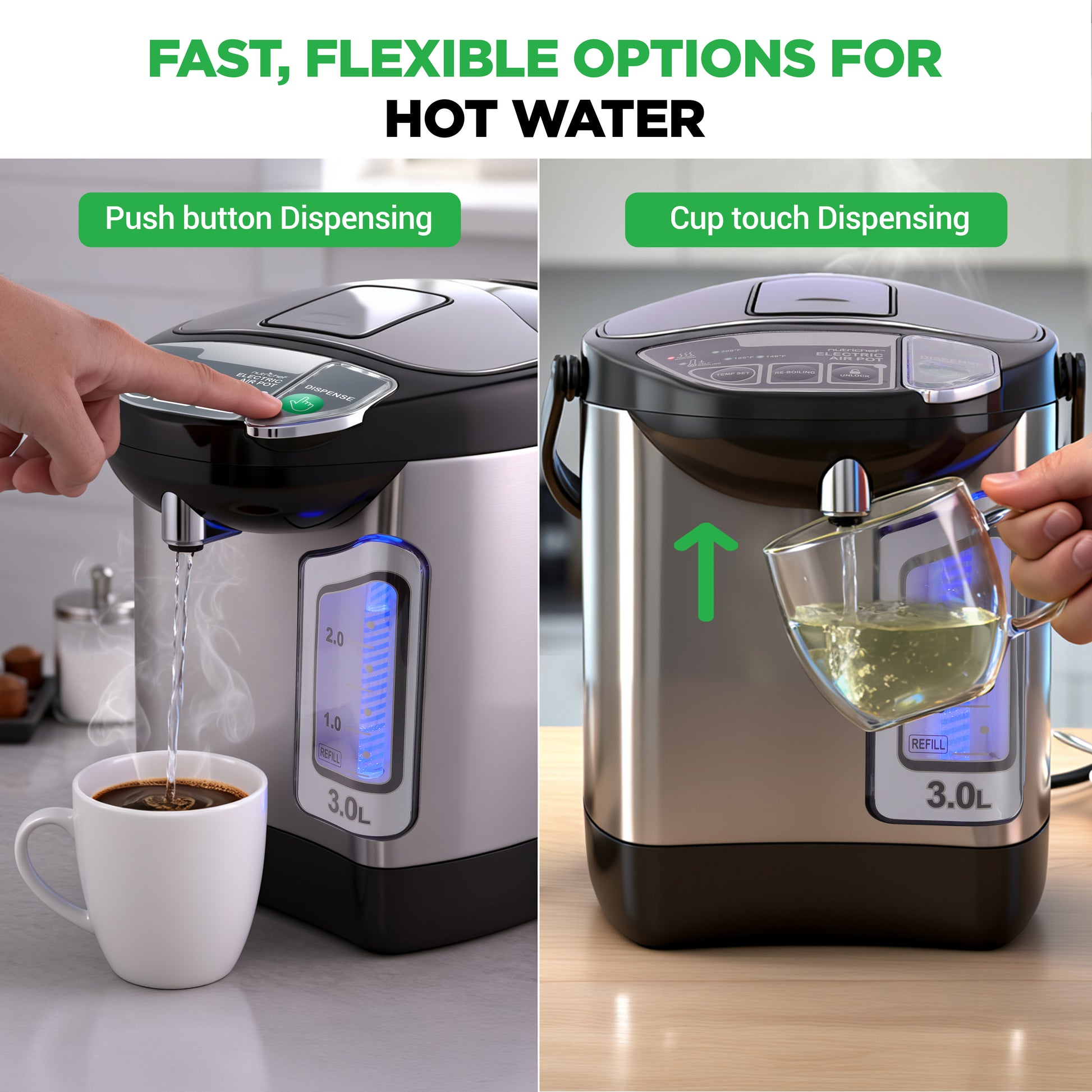 Hot water dispenser with push-button and cup touch dispensing options, shown with a hand pouring water into a mug.
