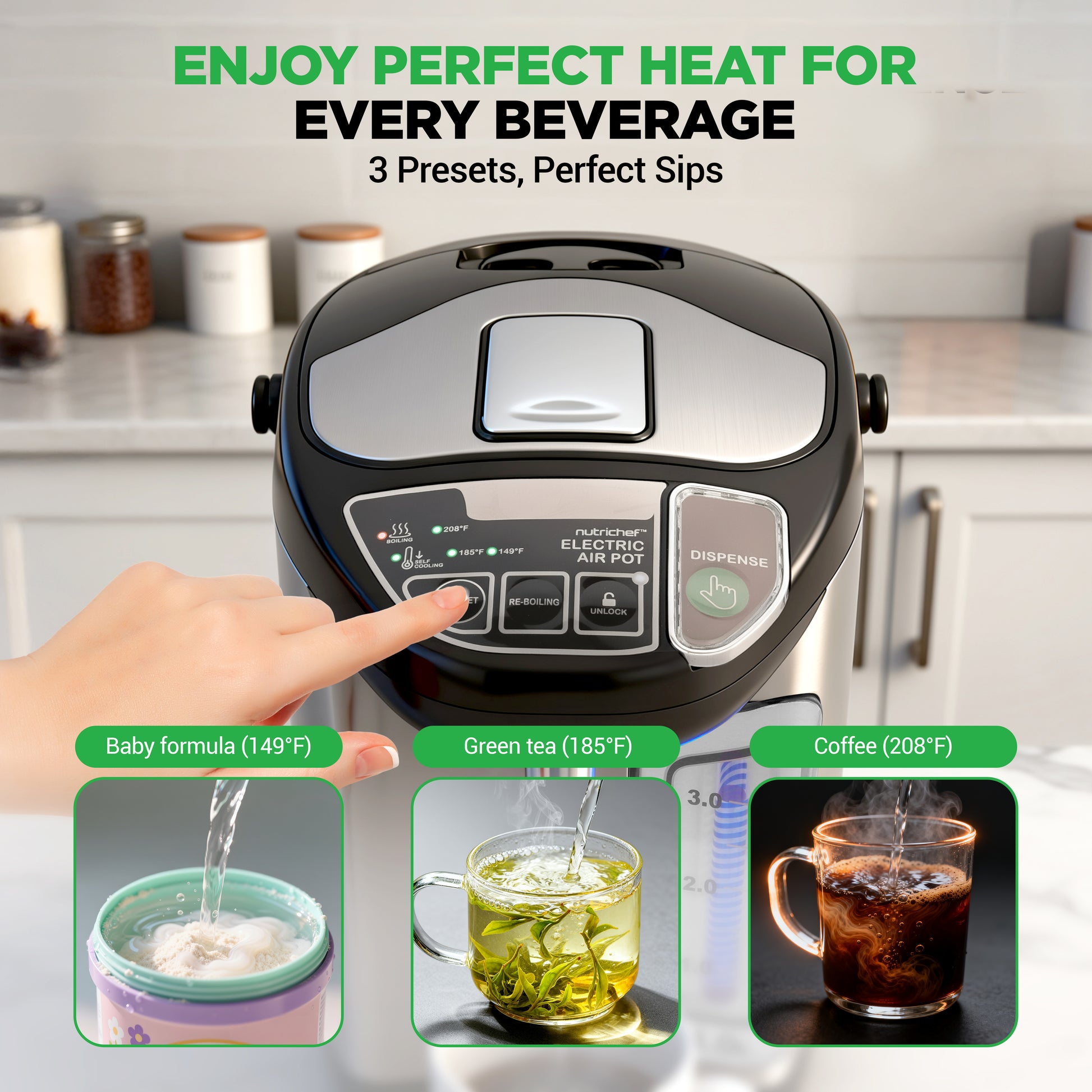 Electric tea pot with temperature settings for different beverages on a kitchen counter.