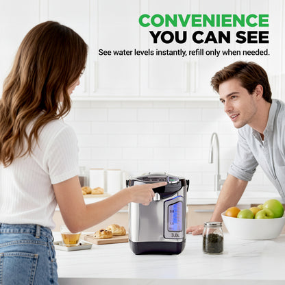 Woman using a water dispenser with a man in a kitchen, text about water levels and convenience.