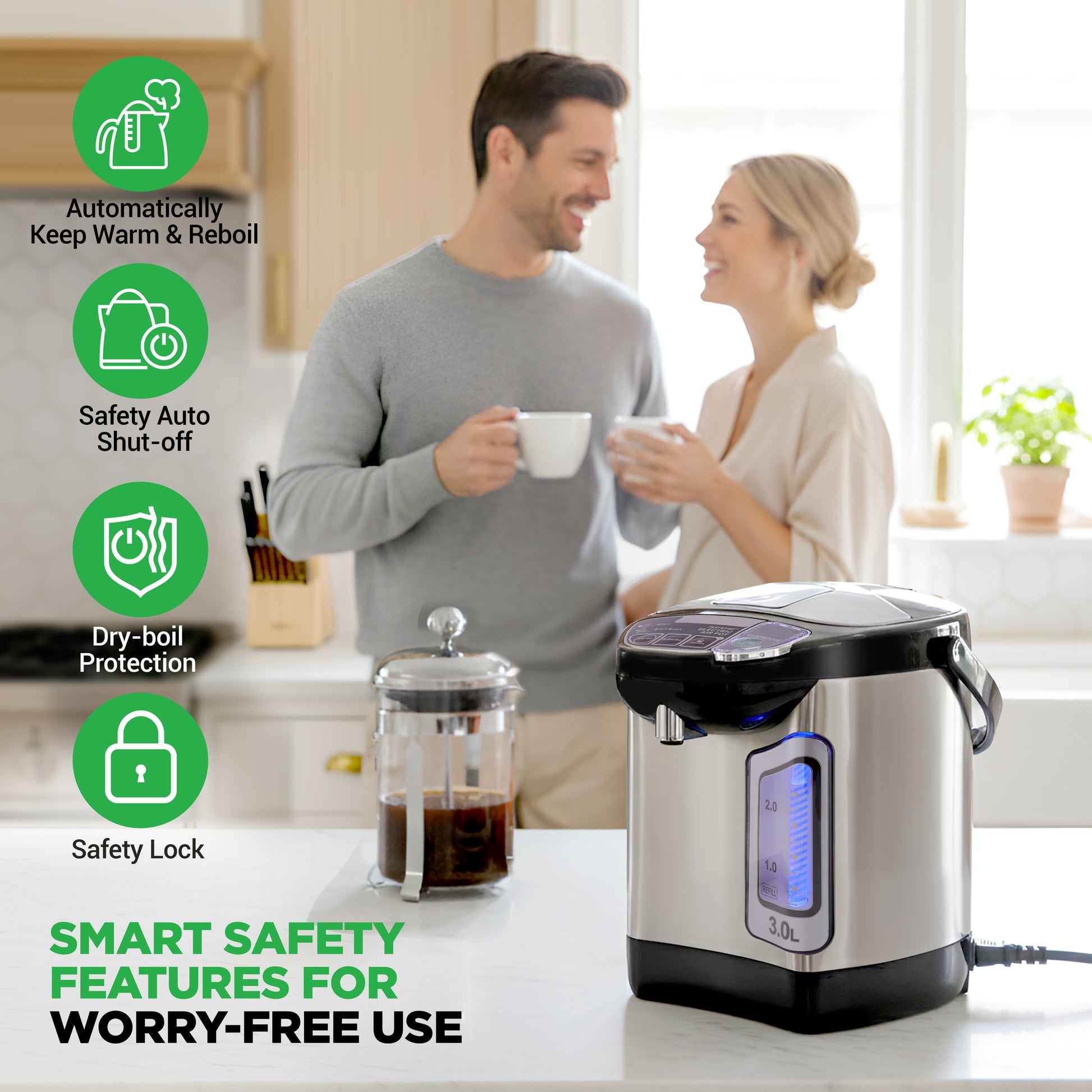 Couple in a kitchen with a smart electric kettle and safety features highlighted.