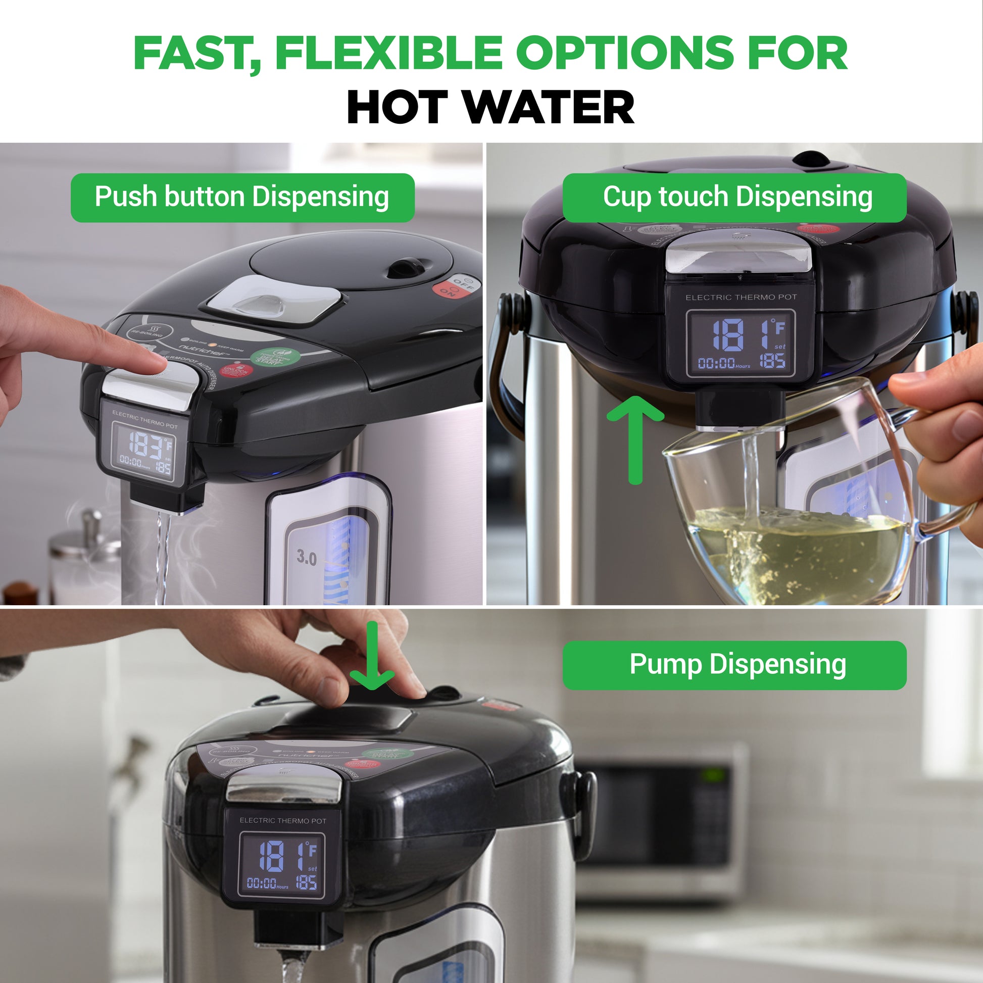 Hot water dispenser with push button, cup touch, and pump dispensing options.