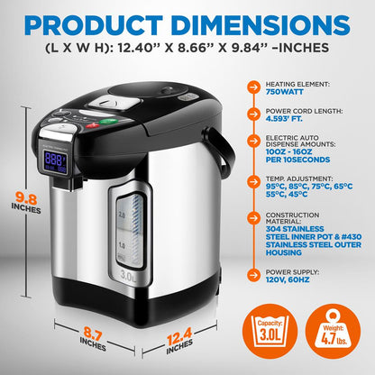 Distributeur d'eau chaude numérique 3L - Chaudière à eau instantanée / Chauffe-eau, Verrou de sécurité de distribution automatique, (3,17 litres) 