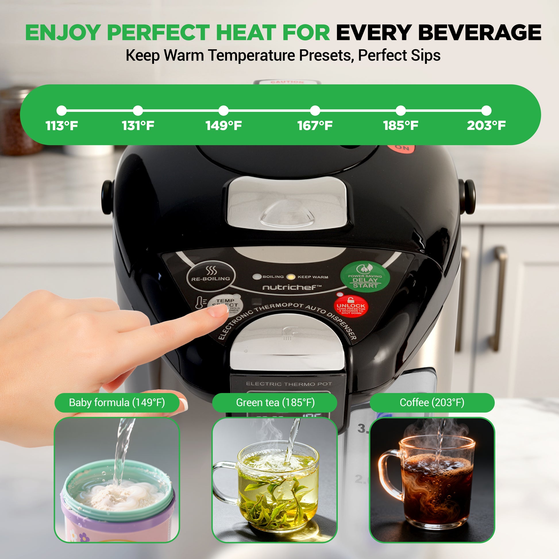 Black thermos with temperature display and beverage examples on a kitchen counter.
