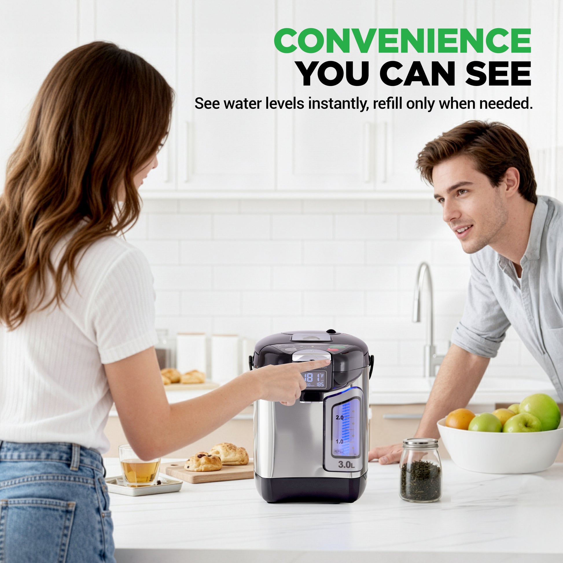 Woman using a kitchen appliance with a man in a kitchen setting, emphasizing convenience.
