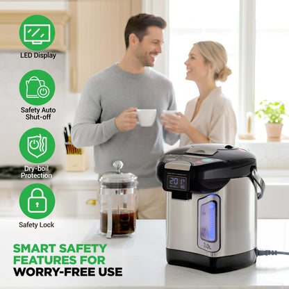 Couple in a kitchen with a smart electric kettle and safety features highlighted.