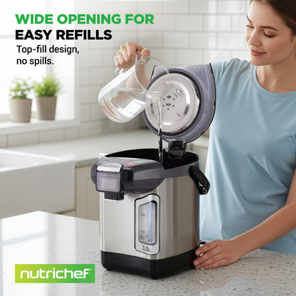 Woman pouring liquid into a NutriChef kitchen appliance with text highlighting easy refills.