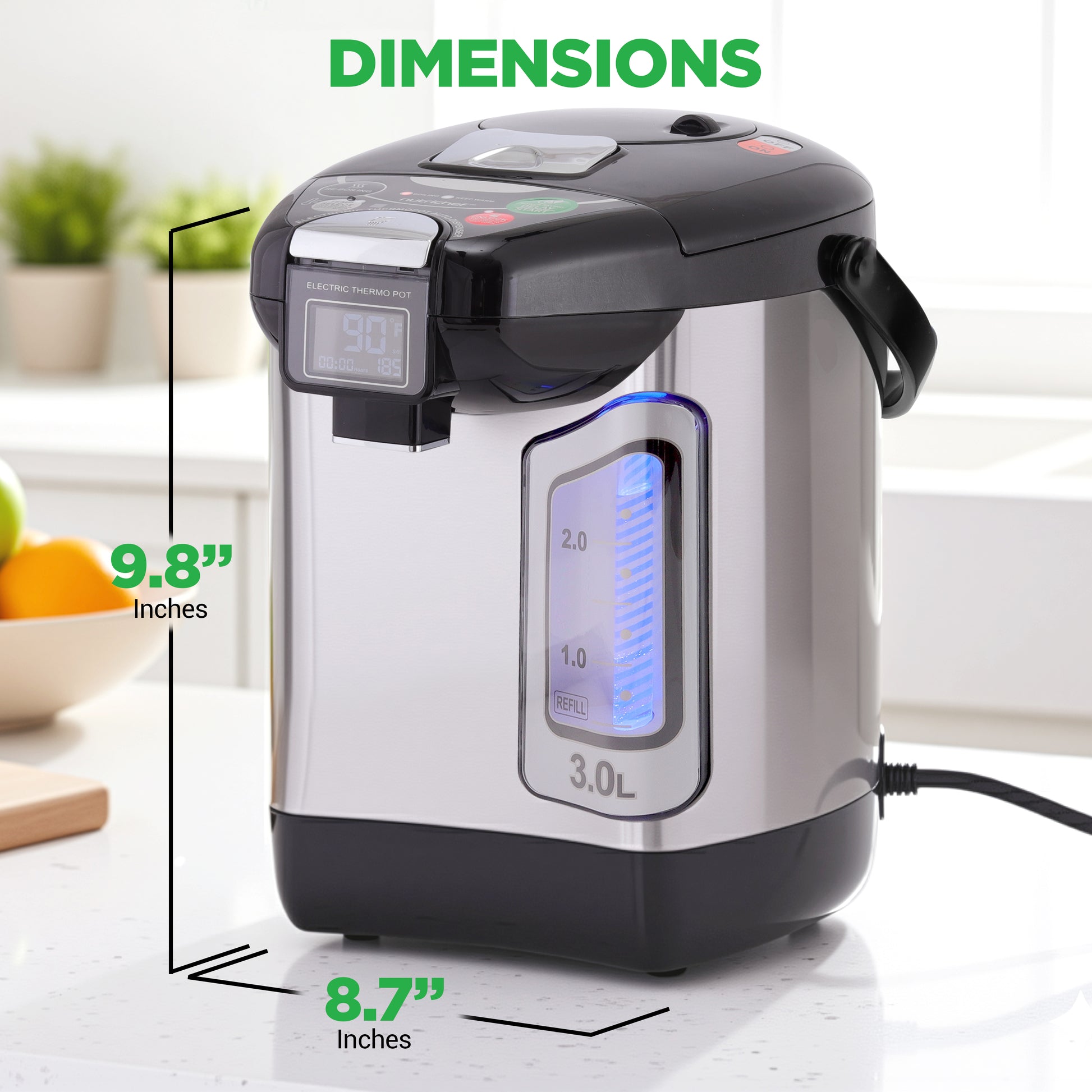 Electric pressure cooker with dimensions displayed on a kitchen counter