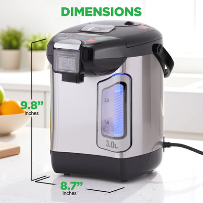 Electric pressure cooker with dimensions displayed on a kitchen counter