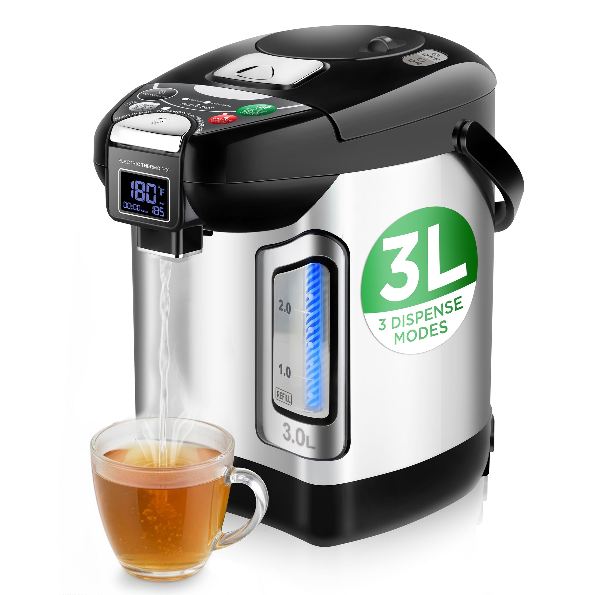 Electric kettle with a cup of tea on a white background