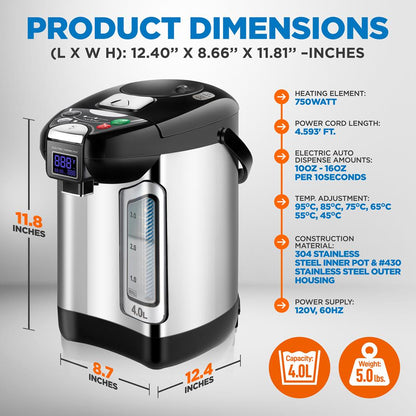 Distributeur d'eau chaude numérique 4L - Chauffe-eau instantané / Chauffe-eau, verrou de sécurité de distribution automatique, (4,227 litres) 