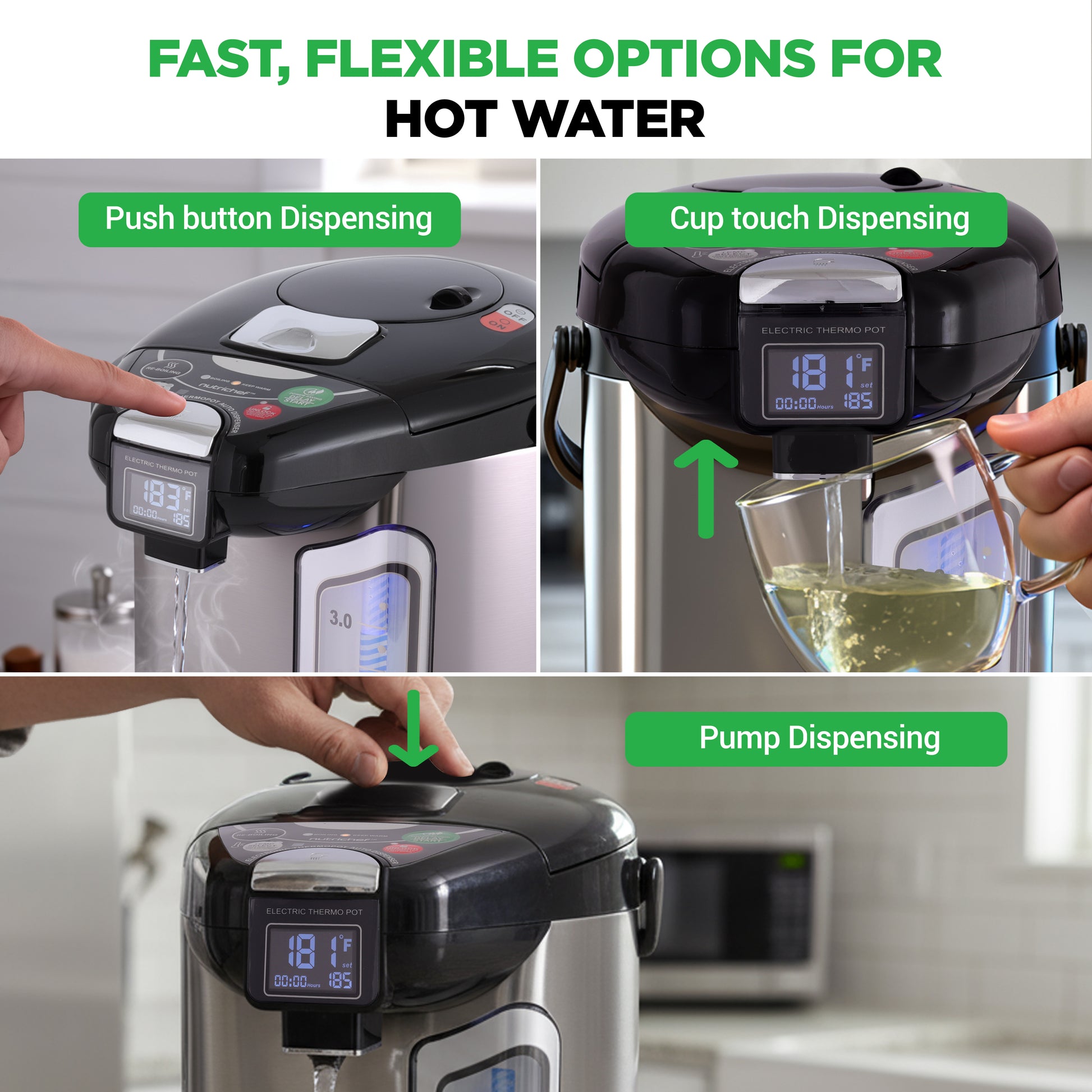 Hot water dispenser with push button, cup touch, and pump dispensing options.