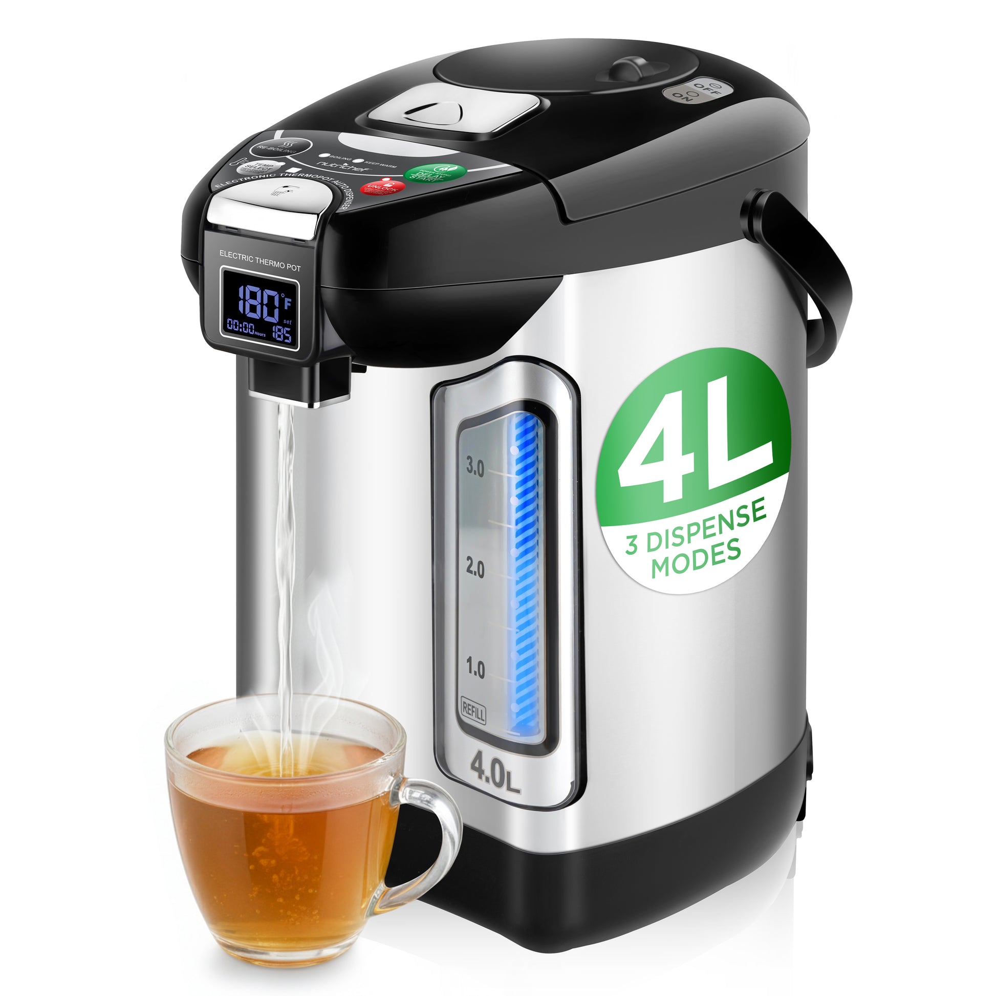 4L electric kettle dispensing tea into a glass mug on a white background