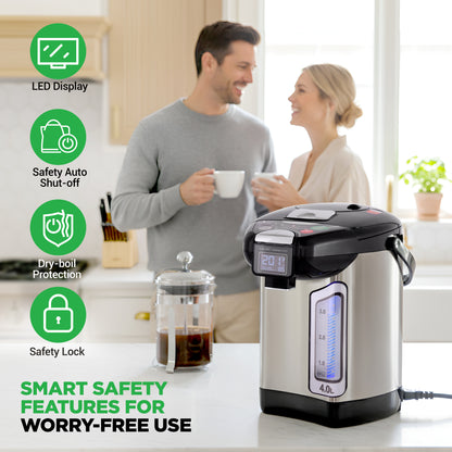 Couple in a kitchen with a electric pressure cooker, safety features highlighted.