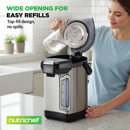Woman pouring liquid into a NutriChef water dispenser with text highlighting easy refills.