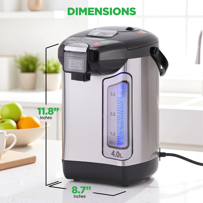 Electric water boiler with dimensions displayed on a kitchen counter