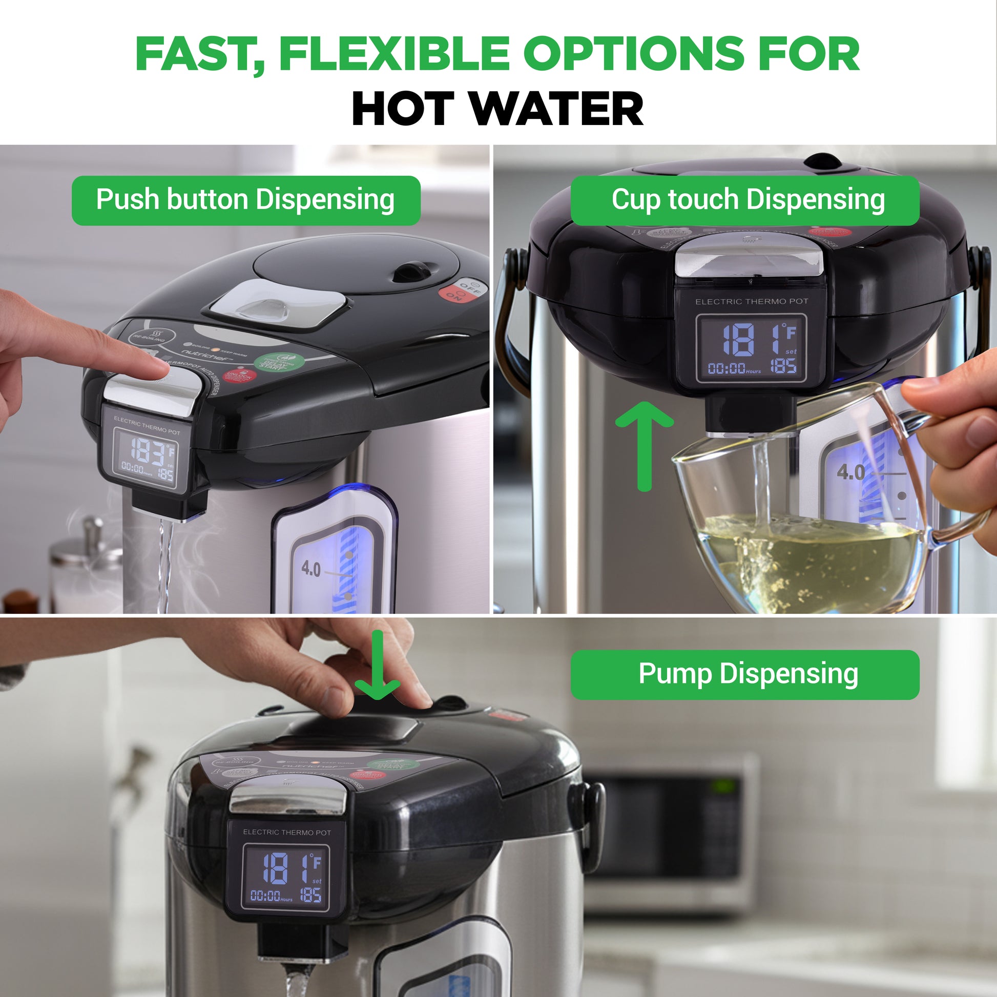 Hot water dispenser with push button, cup touch, and pump dispensing options.