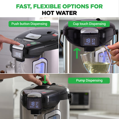 Hot water dispenser with push button, cup touch, and pump dispensing options.