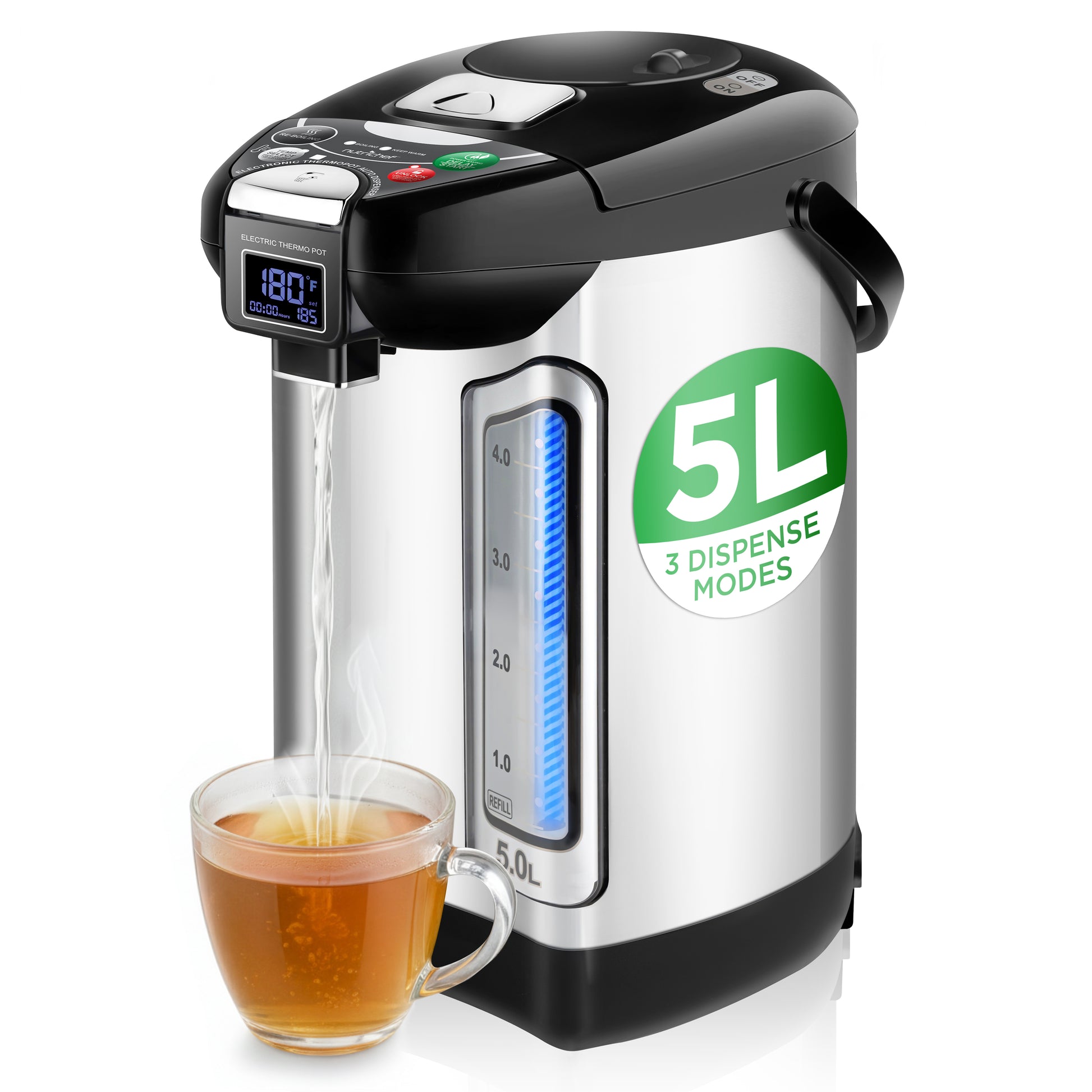5L hot water dispenser with a cup of tea on a white background