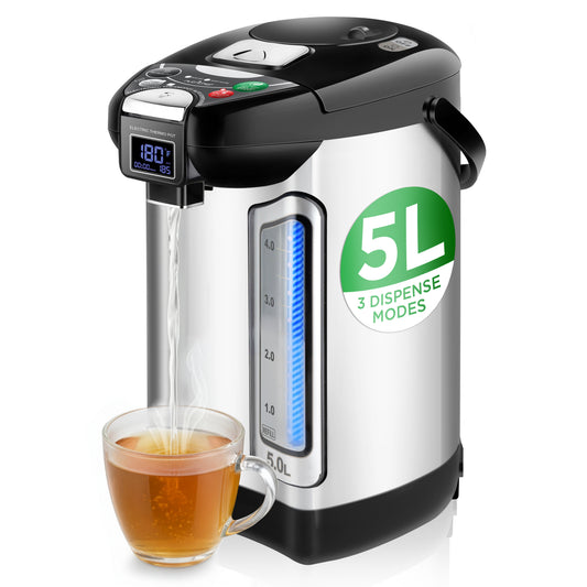 5L hot water dispenser with a cup of tea on a white background