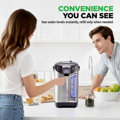 Two people using a water dispenser with text about water levels and convenience.