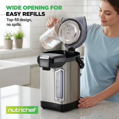 Woman pouring liquid into a NutriChef appliance with text highlighting easy refills.