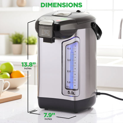 Electric kettle with dimensions labeled on a kitchen counter