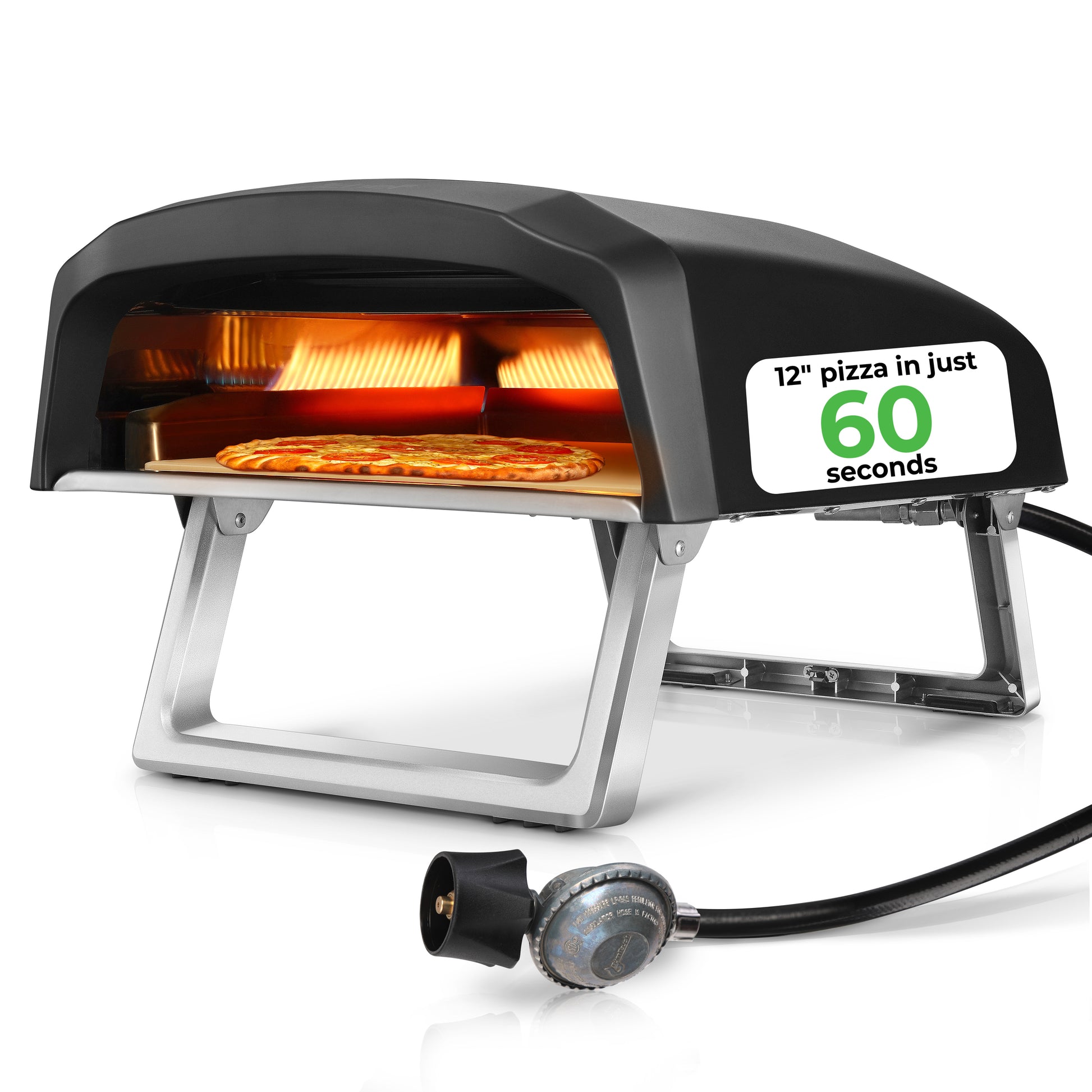 Portable pizza oven with a pizza inside, showing '12" pizza in just 60 seconds' on a white background.