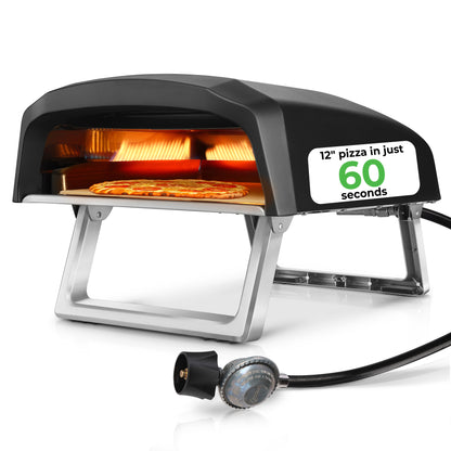 Portable pizza oven with a pizza inside, showing '12" pizza in just 60 seconds' on a white background.
