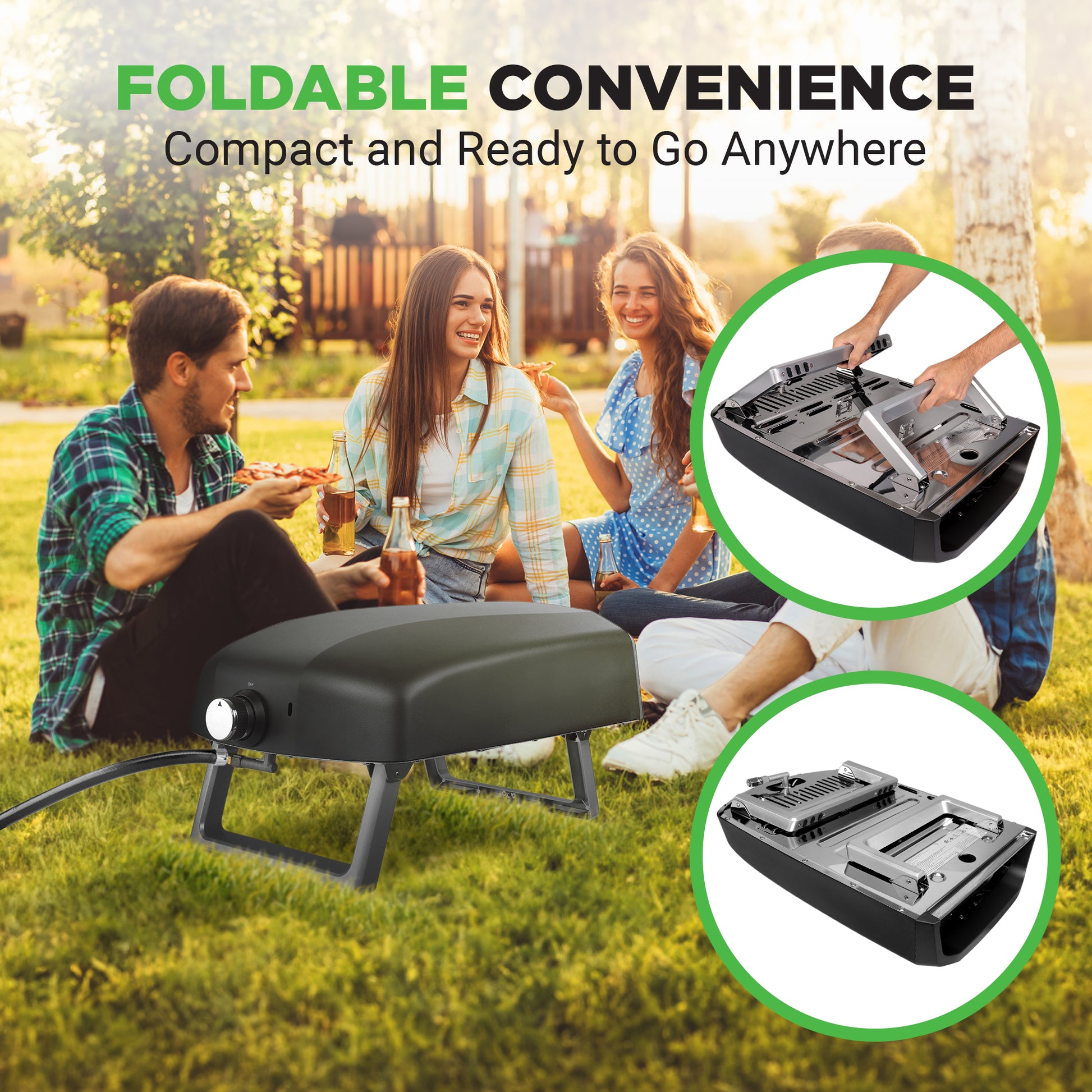Portable grill with 'Foldable Convenience' text, people sitting outdoors, and close-up of grill components.