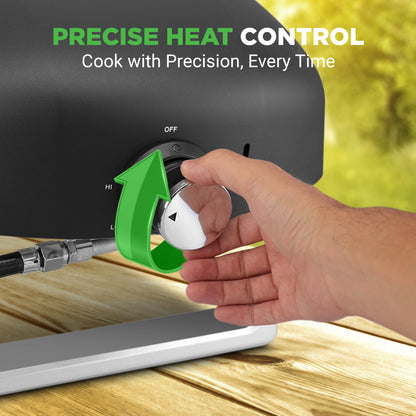 Hand adjusting a temperature control knob on a grill with 'Precise Heat Control' text above.