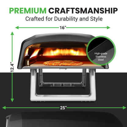 Portable pizza oven with dimensions and features highlighted on a black background