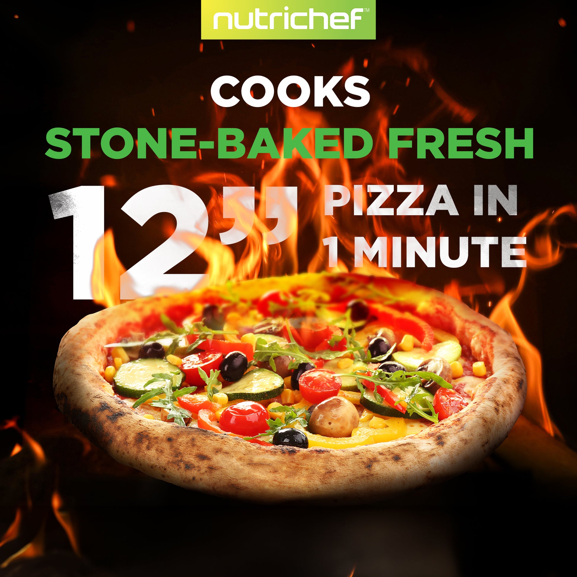 Pizza with various toppings on a stone surface, surrounded by flames, with 'Nutrichef' branding and text about pizza cooking time.