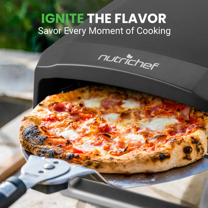 NutriChef pizza oven with a pizza inside, branded 'NutriChef'.