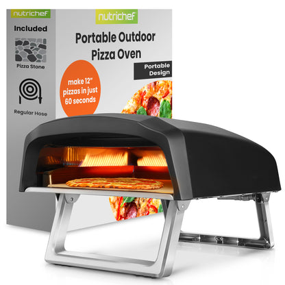Nutrichef portable outdoor pizza oven with a pizza inside, next to its packaging.