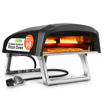 Portable outdoor pizza oven with a pizza inside on a white background