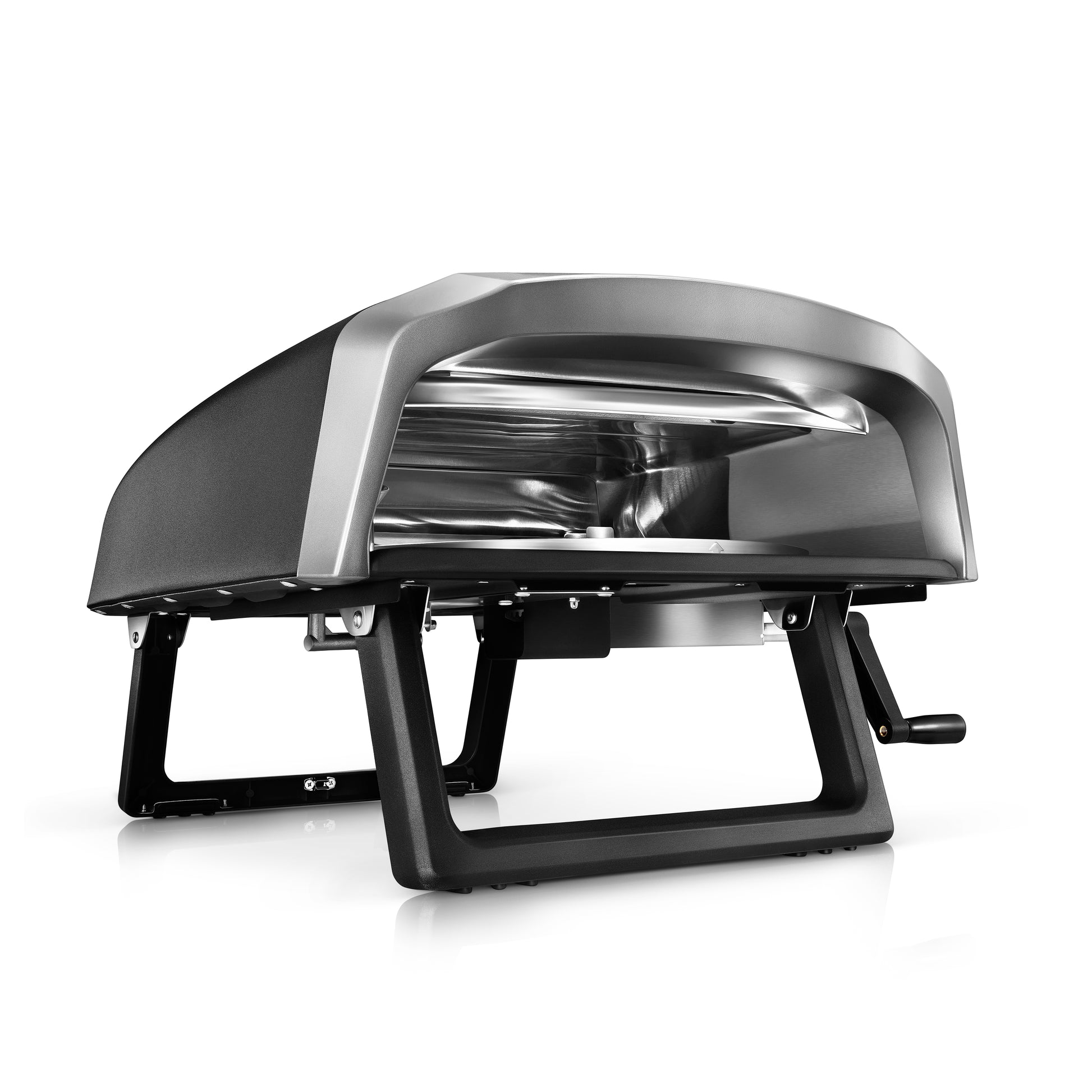 Portable pizza oven with black base and silver top on a white background