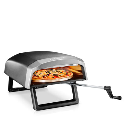 Portable pizza oven with a pizza inside on a white background