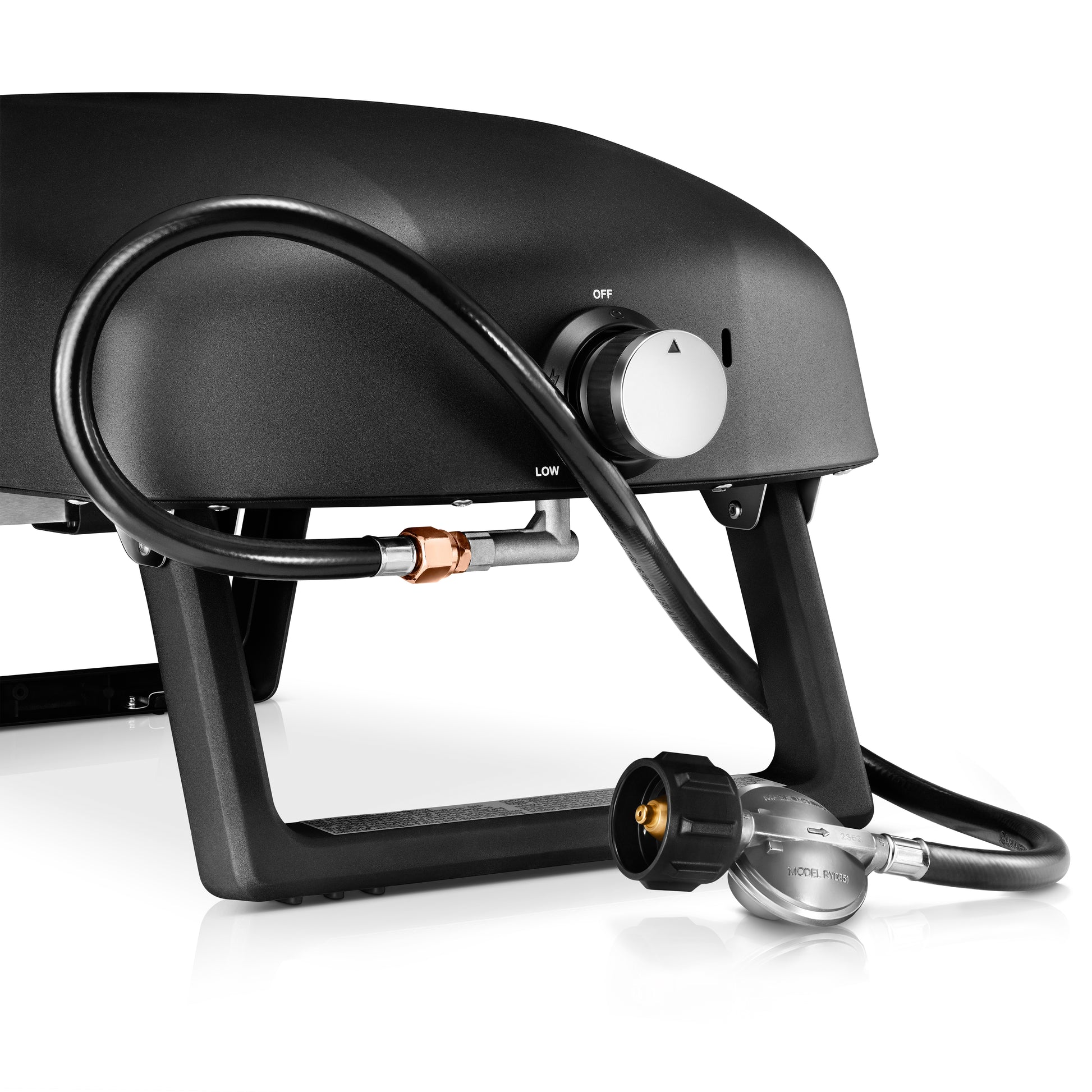Black outdoor pizza oven with hose and control knob on a white background