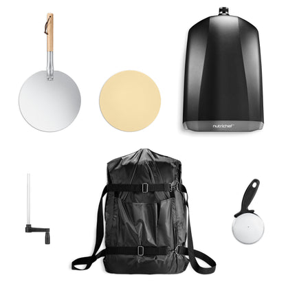 Collection of outdoor pizza oven equipment including a pizza cutter, pizza peel accessories on a white background.