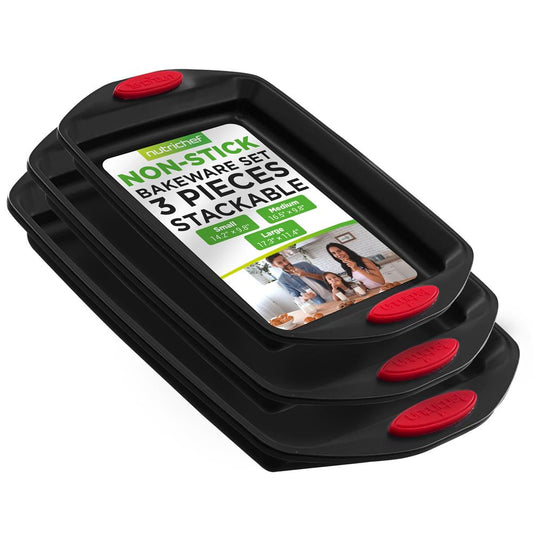Plaques de cuisson de four de cuisine - Ensemble de moules à pâtisserie en acier au carbone avec revêtement antiadhésif noir à l'intérieur et à l'extérieur avec poignées en silicone rouge (3 pièces) 
