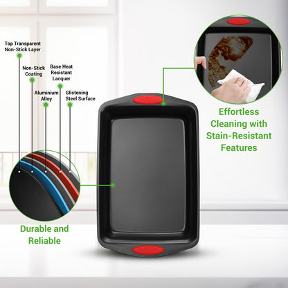 Plaques de cuisson de four de cuisine - Ensemble de moules à pâtisserie en acier au carbone avec revêtement antiadhésif noir à l'intérieur et à l'extérieur avec poignées en silicone rouge (3 pièces) 