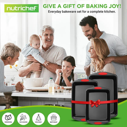 Plaques de cuisson de four de cuisine - Ensemble de moules à pâtisserie en acier au carbone avec revêtement antiadhésif noir à l'intérieur et à l'extérieur avec poignées en silicone rouge (3 pièces) 