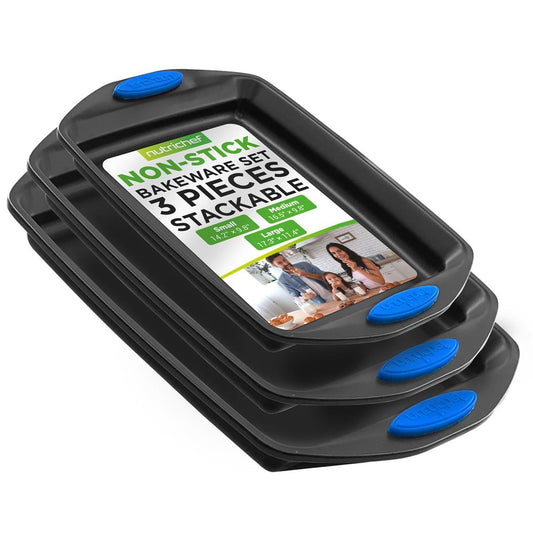 Moules de cuisson pour four de cuisine - Ensemble de moules à pâtisserie en acier au carbone avec revêtement antiadhésif gris à l'intérieur et à l'extérieur avec poignées en silicone bleu (3 pièces) 